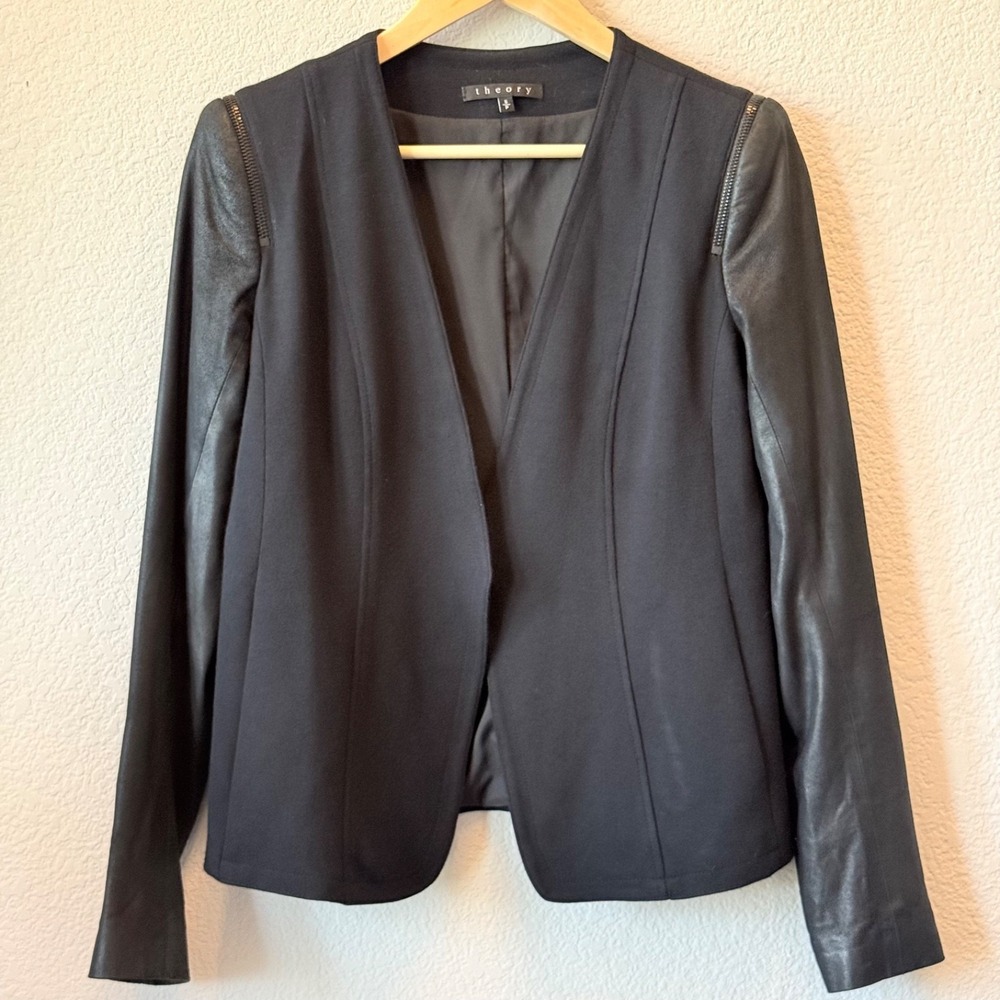 Theory Womens SP Black Leather Sleeve Open Front Blazer Jacket Small Petite